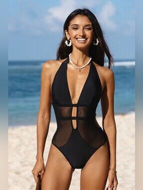 Cupshe Black Sheer-Panel Halter One-Piece Swimsuit